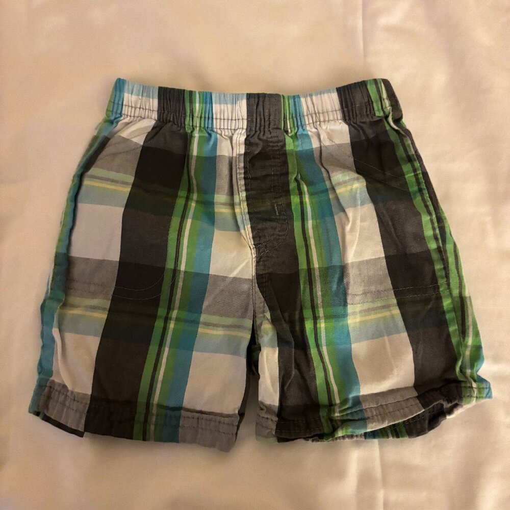 Carter's 18 months boys green, grey, blue & white plaid shorts w/elastic waist